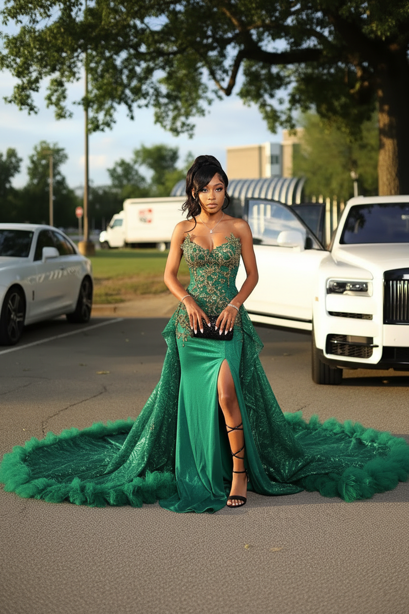 Gold Sweetheart Beaded Sparkles Court Train Flowers Prom Dresses