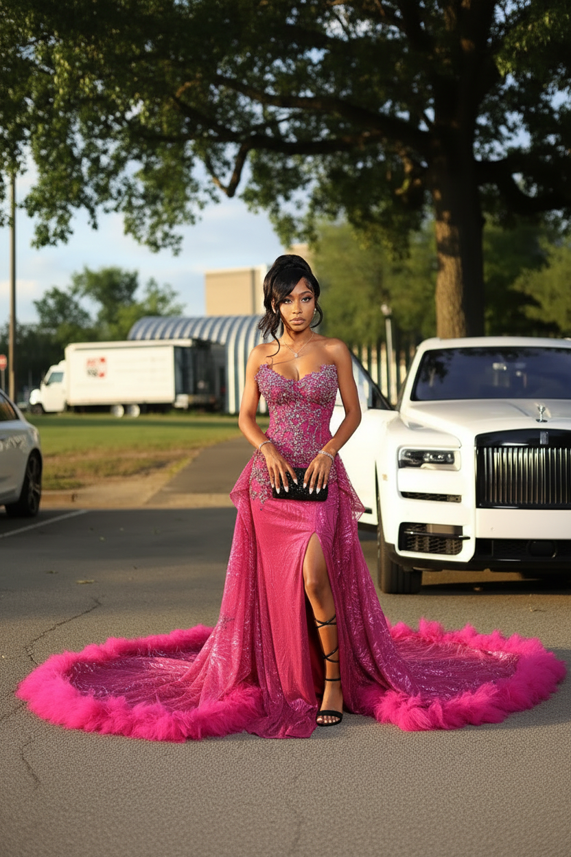 Gold Sweetheart Beaded Sparkles Court Train Flowers Prom Dresses