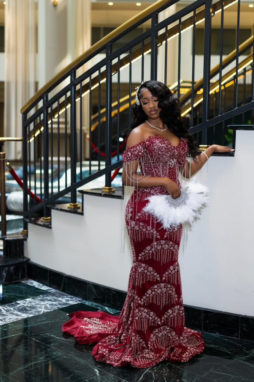 Luxury Glacial Silver Beaded Prom Dress – Crystal Fringe Mermaid Gown with Feather Accents | 2026 Couture Evening Collection