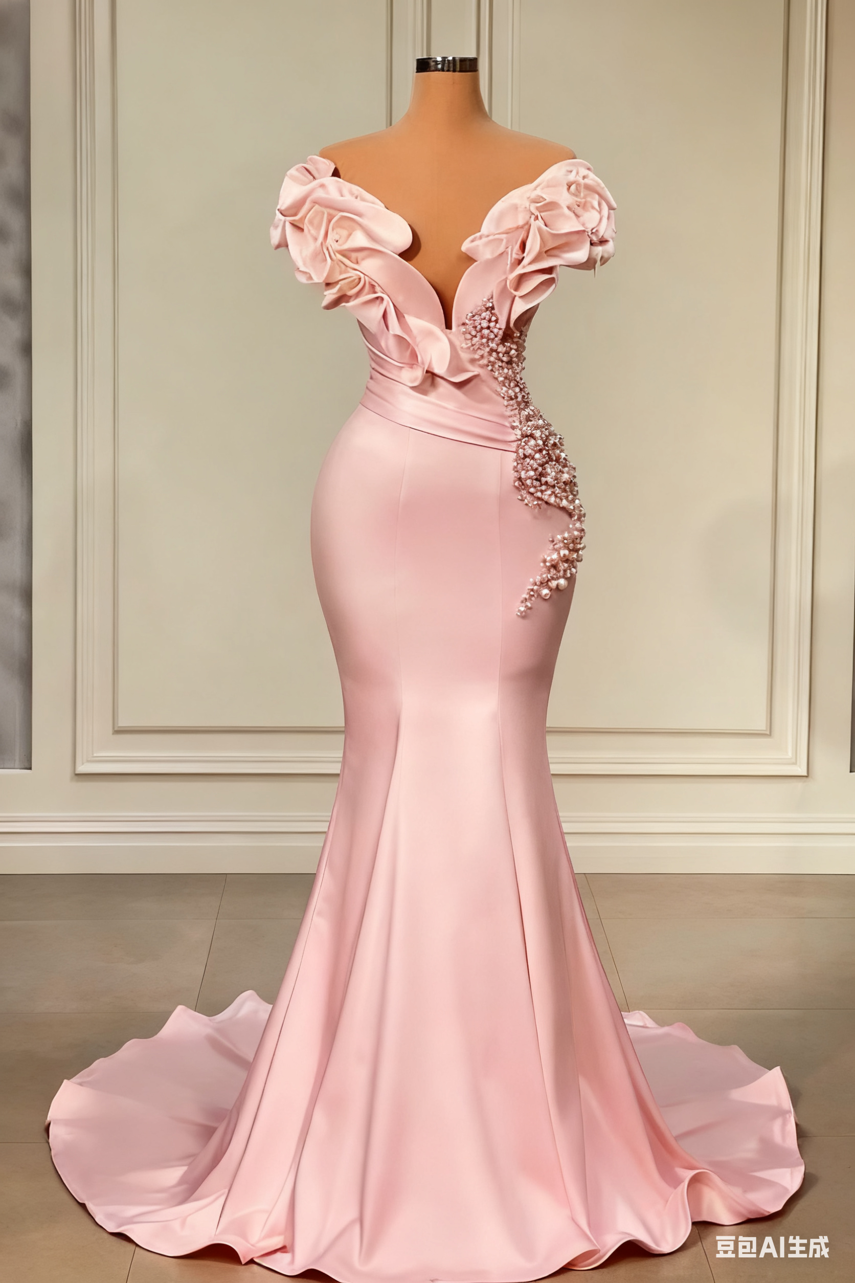 Designer White Long Pearl Ruffle Evening Dresses-BMbridal