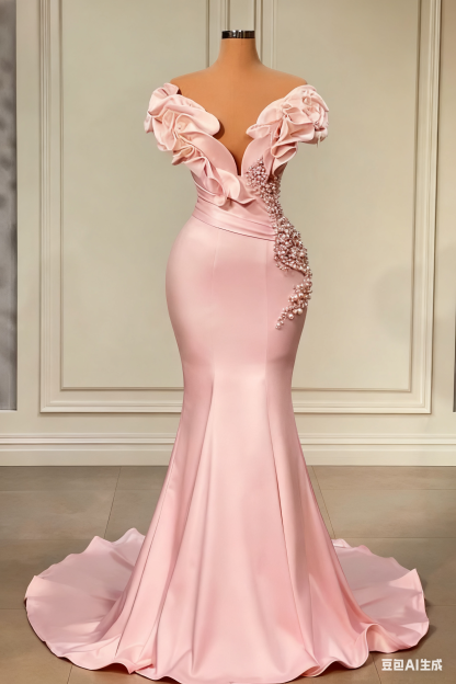 Designer White Long Pearl Ruffle Evening Dresses-BMbridal