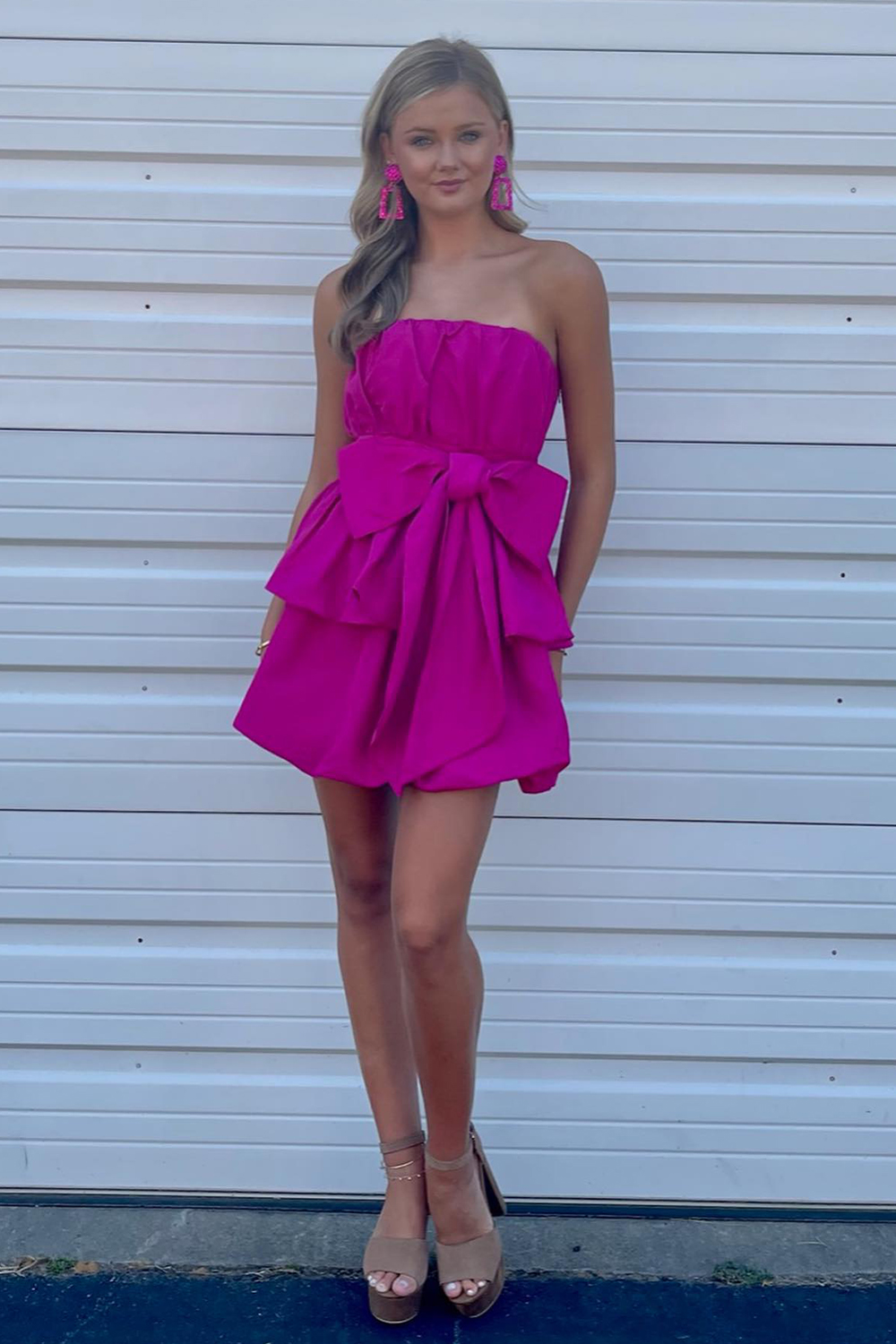 Fuchsia Tiered Sweetheart Short Homecoming Dress With Bow-BMbridal