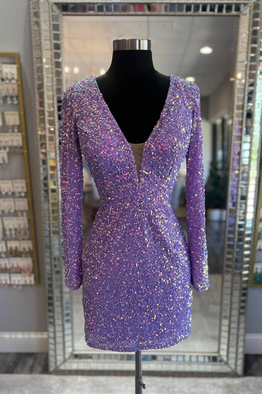 Sparkly Light Purple Sequins Tight Short Homecoming Dress With Long Sleeves-BMbridal