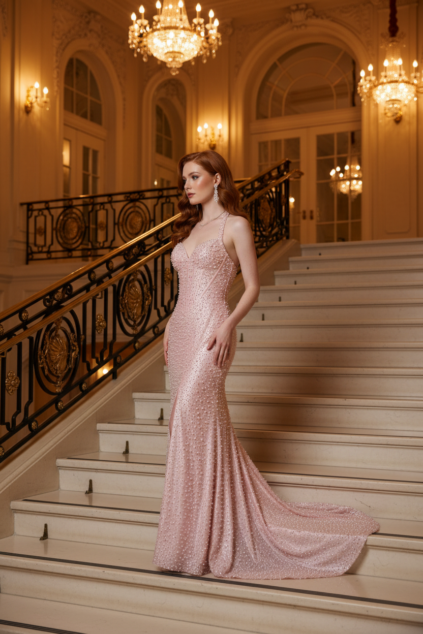 Beaded Pink Halter Neck Mermaid Prom Dress with Pearls and Crystals