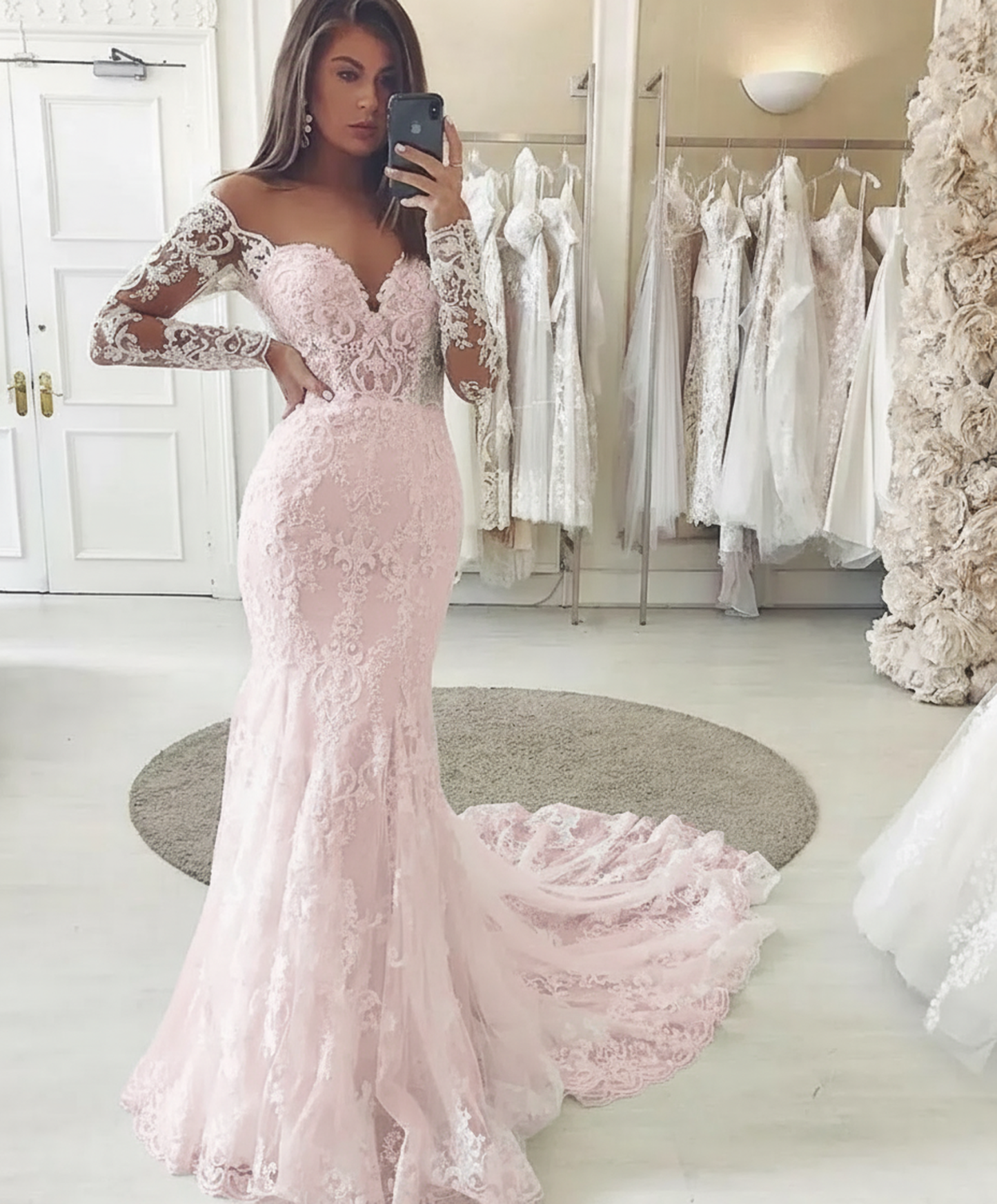 BMbridal Long Sleeves Mermaid Wedding Dress Lace V-Neck Bridal Gowns