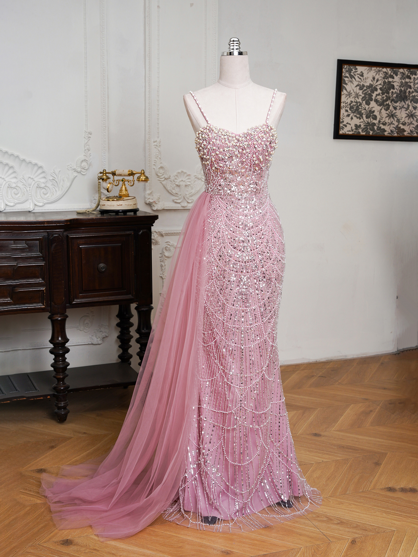 BMbridal Sparkling Strapless Mermaid Gown with High - Slit and Tulle Train: A Showstopper for Special Occasions