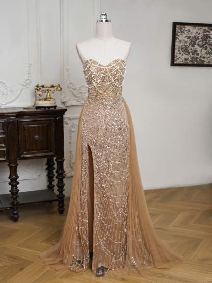 BMbridal Sparkling Strapless Mermaid Gown with High - Slit and Tulle Train: A Showstopper for Special Occasions