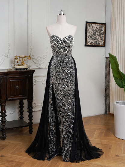 BMbridal Sparkling Strapless Mermaid Gown with High - Slit and Tulle Train: A Showstopper for Special Occasions