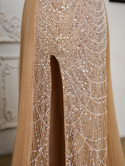 BMbridal Sparkling Strapless Mermaid Gown with High - Slit and Tulle Train: A Showstopper for Special Occasions