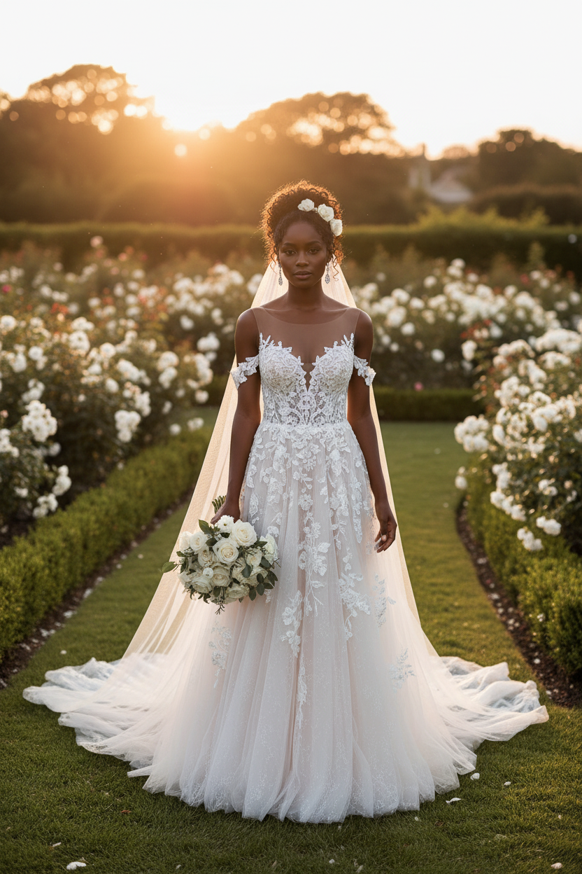 Bmbridal Off-the-Shoulder Champagne Wedding Dress Tulle With Lace Appliques