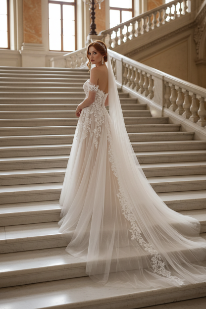 Bmbridal Off-the-Shoulder Champagne Wedding Dress Tulle With Lace Appliques