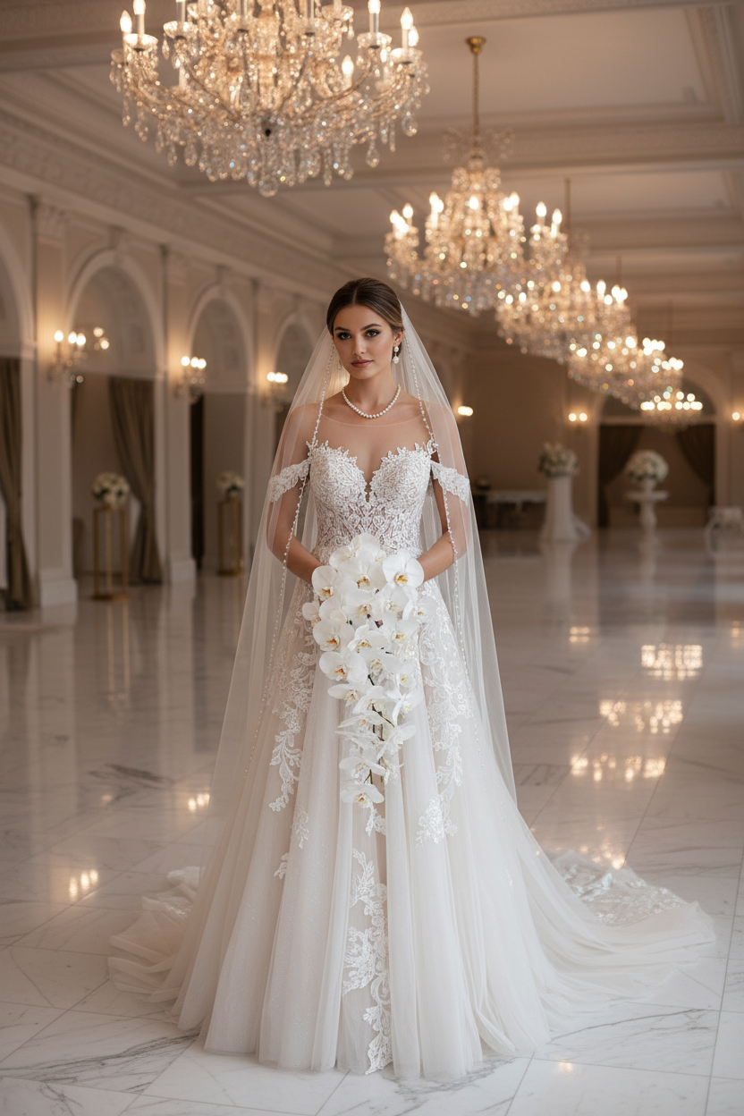 Bmbridal Off-the-Shoulder Champagne Wedding Dress Tulle With Lace Appliques