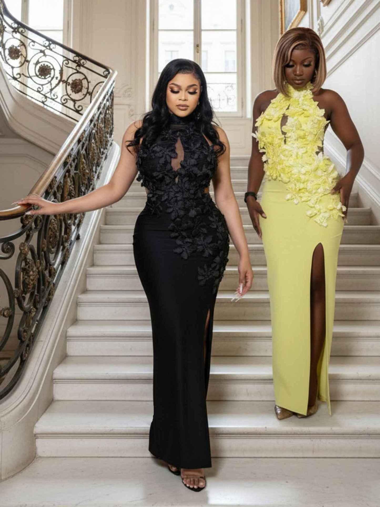 Yellow Halter Neck 3D Flower Mermaid Long Prom Dress with Slit