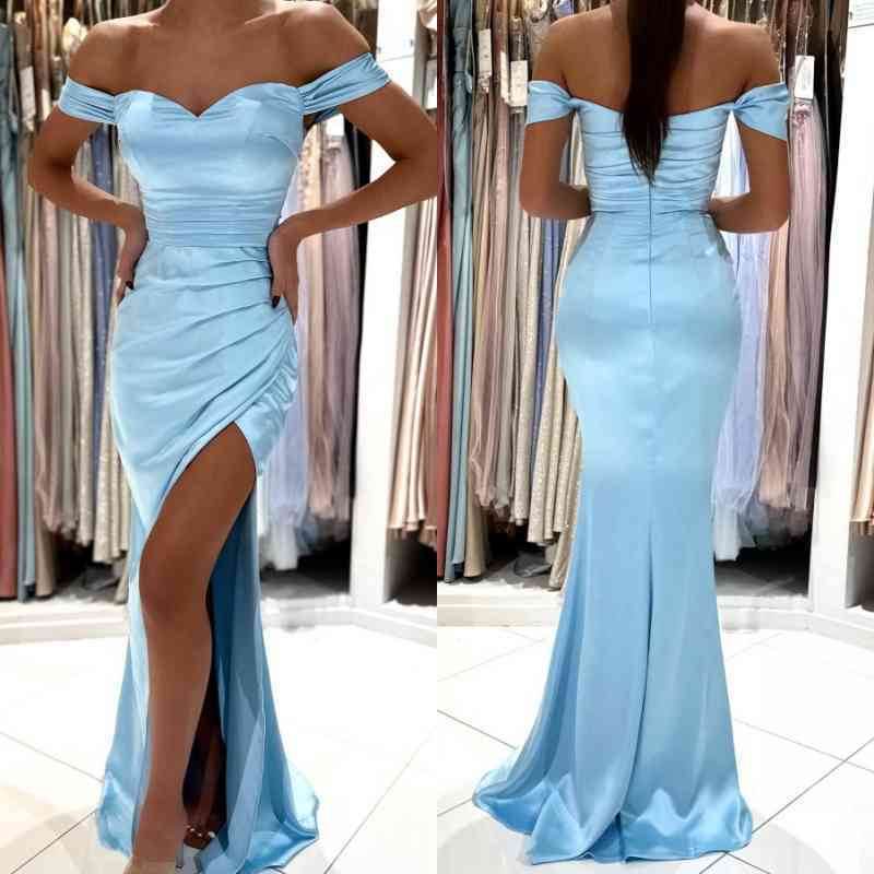 Bmbridal Off-the-Shoulder Sky Blue Prom Dress Mermaid Long With Slit