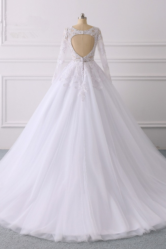 BMbridal Elegant V-Neck Long Sleeves Wedding Dress White Tulle Lace Appliques Bridal Gowns On Sale