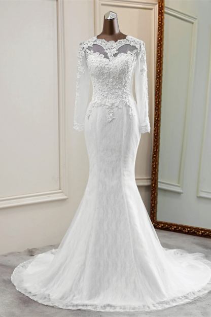 BMbridal Elegant Jewel Long Sleeves White Mermaid Wedding Dresses with Rhinestone Online
