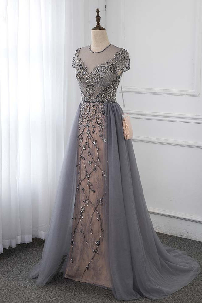 BMbridal Stylish Jewel Appliques Short Sleeves Prom Dresses with Rhinestone Online