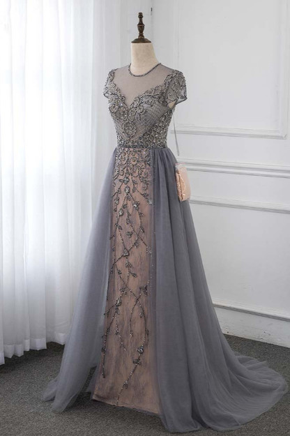 BMbridal Stylish Jewel Appliques Short Sleeves Prom Dresses with Rhinestone Online