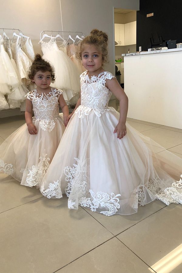 BMbridal Cap Sleeves Appliques Flower Girl Dress-BMbridal
