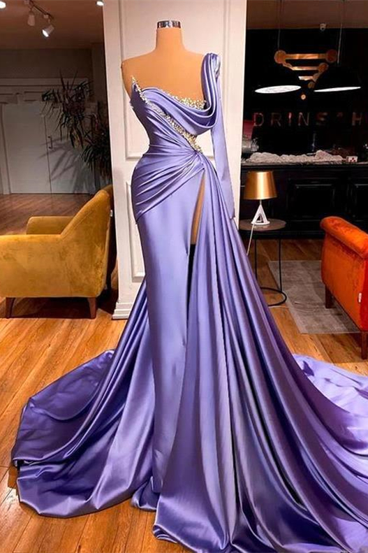 Mermaid One Shoulder Long Sleeve Pleated Prom Dress Split With Beadings