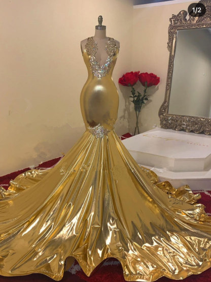 Bmbridal Gold V-Neck Prom Dress Mermaid Sleeveless With Appliques