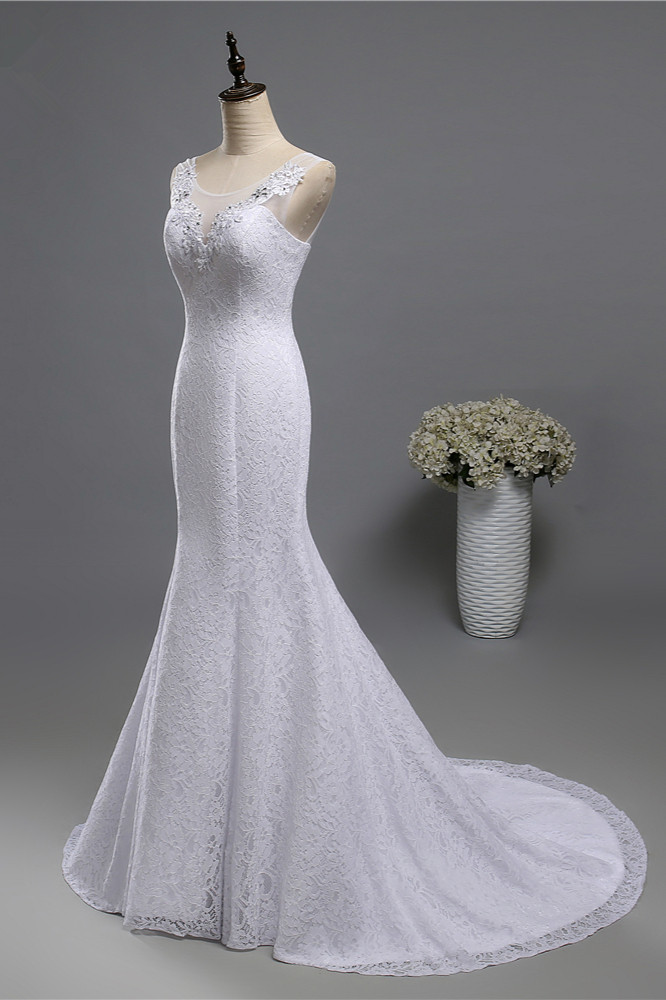 BMbridal Affordable Jewel Lace Sequins Mermaid Wedding Dress Sleeveless Appliques Bridal Gowns with Crystals-BMbridal