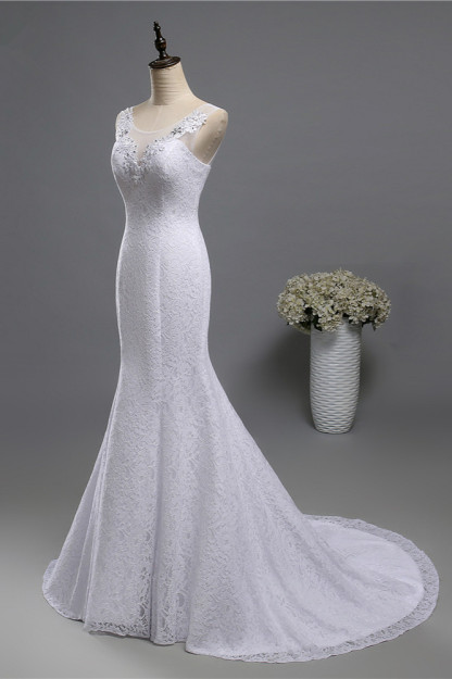 BMbridal Affordable Jewel Lace Sequins Mermaid Wedding Dress Sleeveless Appliques Bridal Gowns with Crystals-BMbridal