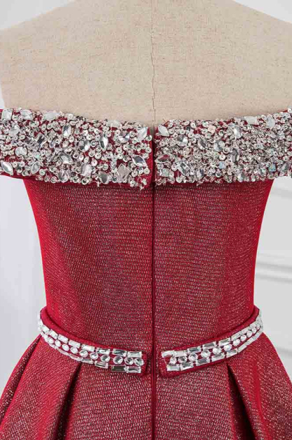 BMbridal Gorgeous Off-the-Shoulder Beading Burgundy Prom Dress with Sash