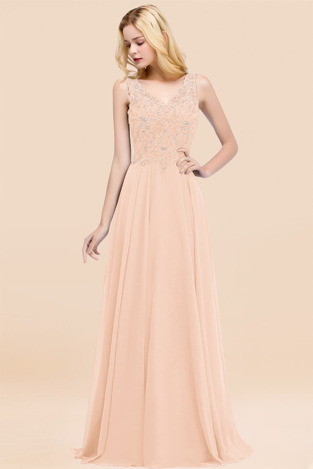 BMbridal Affordable Lace V-Neck Navy Bridesmaid Dresses With Appliques-BMbridal