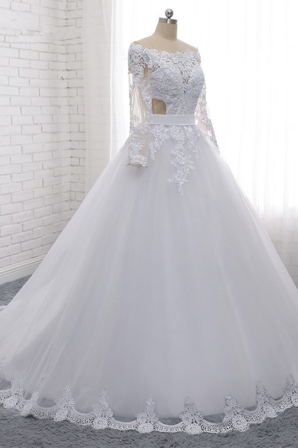 BMbridal Stylish Off-the-Shoulder Long Sleeves Wedding Dress Tulle Lace Appliques Bridal Gowns with Beadings On Sale-BMbridal