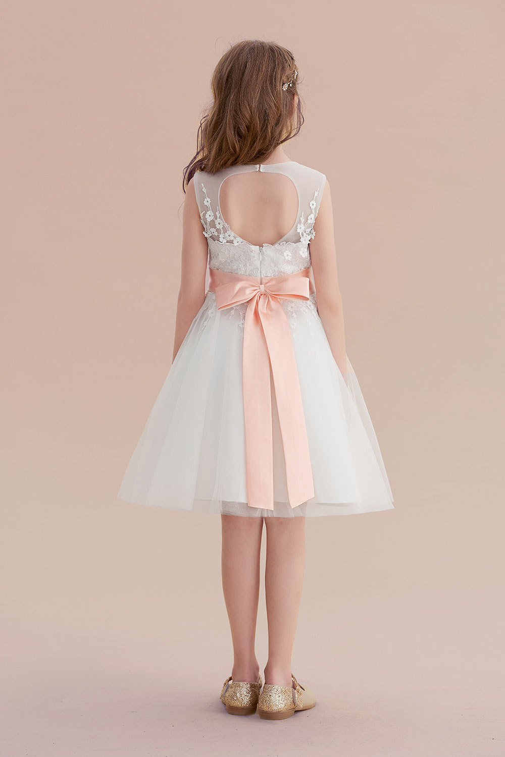 BMbridal A-Line Illusion Appliques Tulle Flower Girl Dress Online-BMbridal