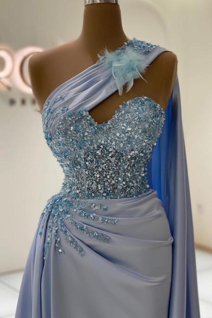 Bmbridal Sky Blue Mermaid Prom Dress Long One Shoulder With Ruffle