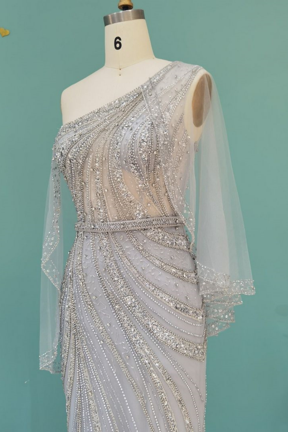 Bmbridal Silver Column One Shoulder Long Sleeves Prom Dresses with Beadings