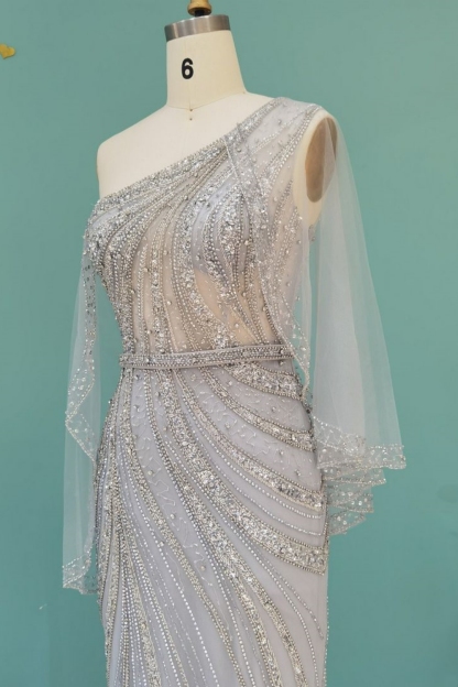 Bmbridal Silver Column One Shoulder Long Sleeves Prom Dresses with Beadings