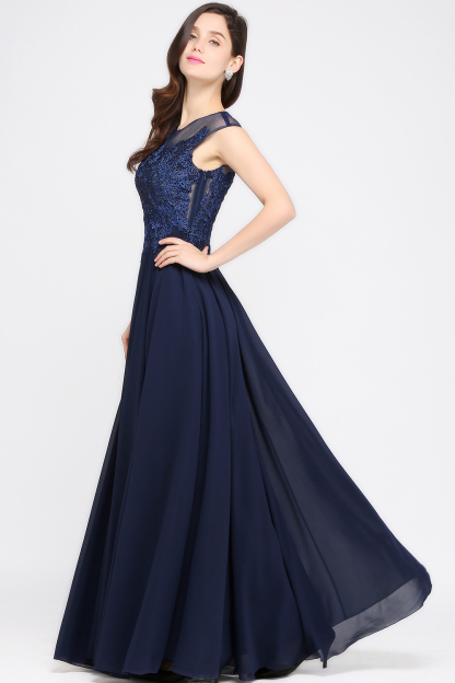 BMbridal Cap Sleeve Lace Appliques Long Chiffon Evening Dress