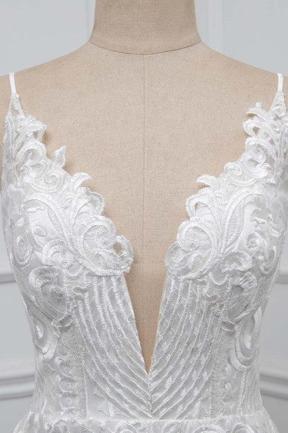 BMbridal Boho Spaghetti Straps V-Neck Appliques Wedding Dresses White Sleeveless Bridal Gowns On Sale-BMbridal