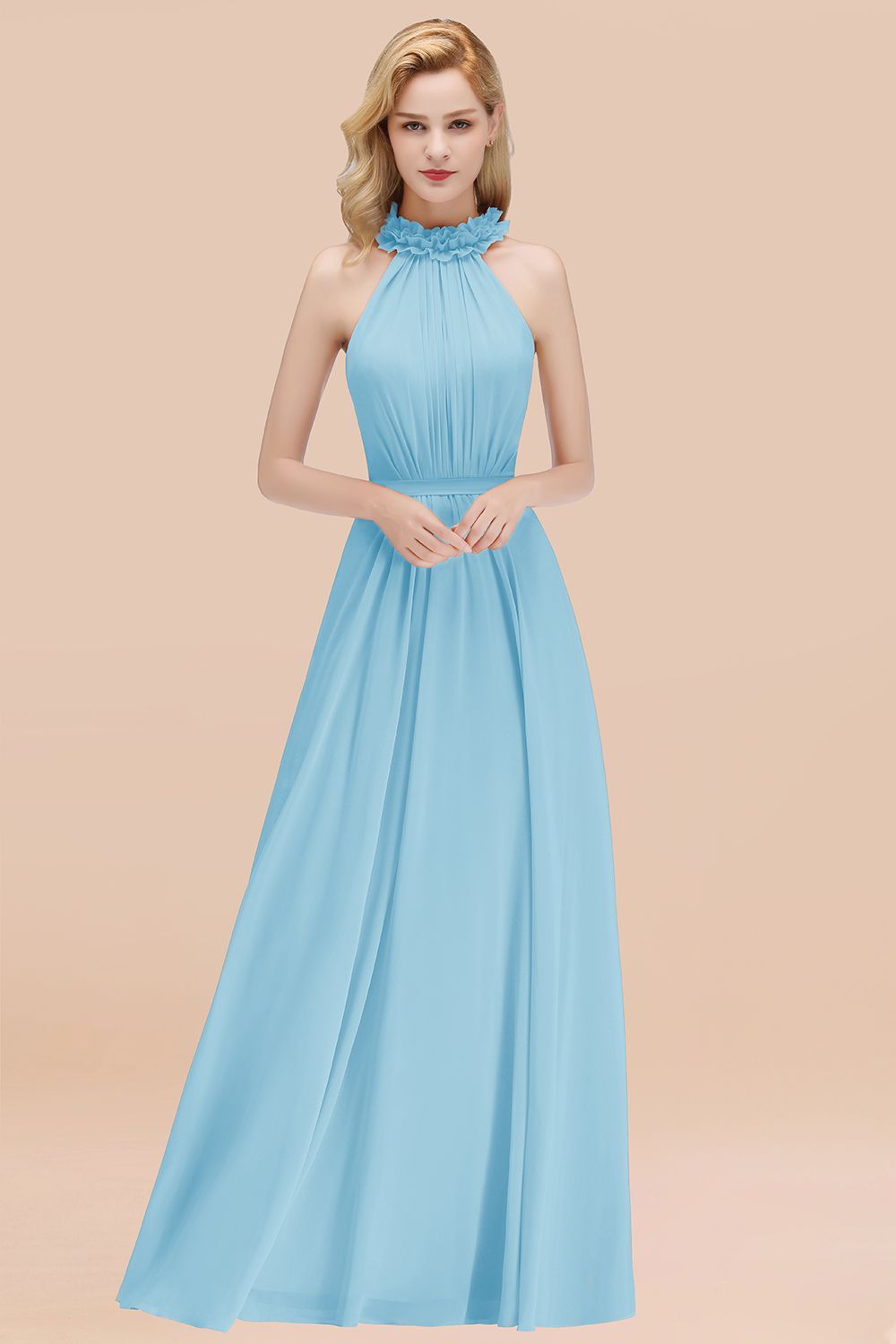 BMbridal Modest High-Neck Halter Ruffle Chiffon Bridesmaid Dresses Affordable-BMbridal