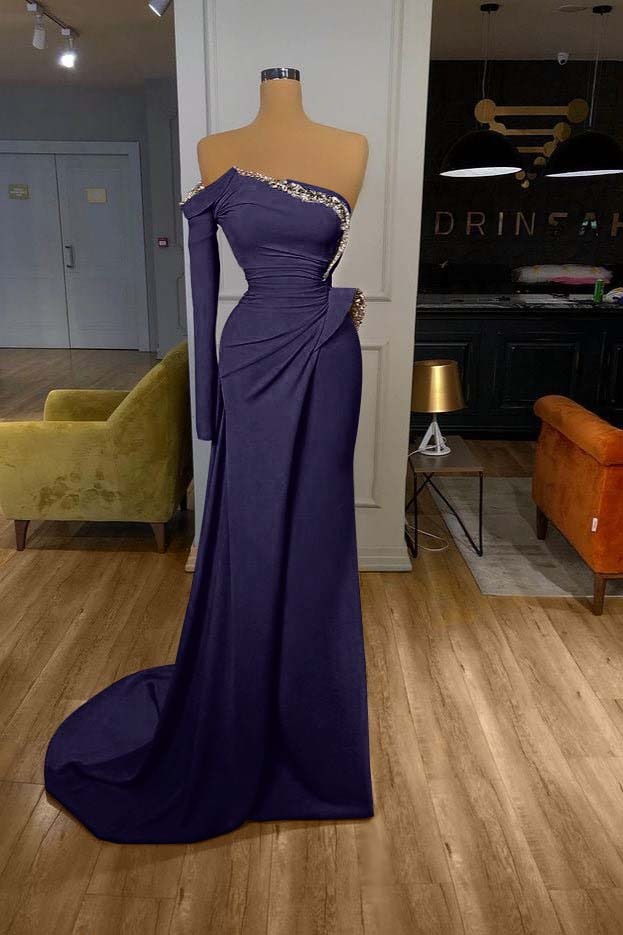 Orange Long Sleeves Sequins Long Pleated Mermaid Prom Dress With Beadings