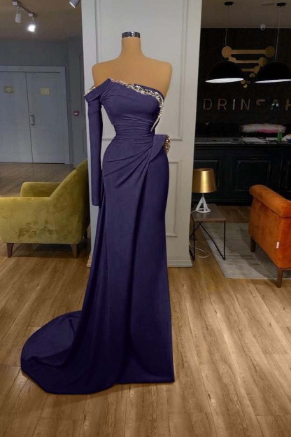 Orange Long Sleeves Sequins Long Pleated Mermaid Prom Dress With Beadings