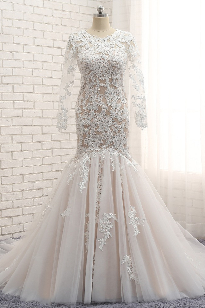 BMbridal Elegant Longsleeves Jewel Mermaid Wedding Dresses Champagne Tulle Bridal Gowns With Appliques On Sale-BMbridal
