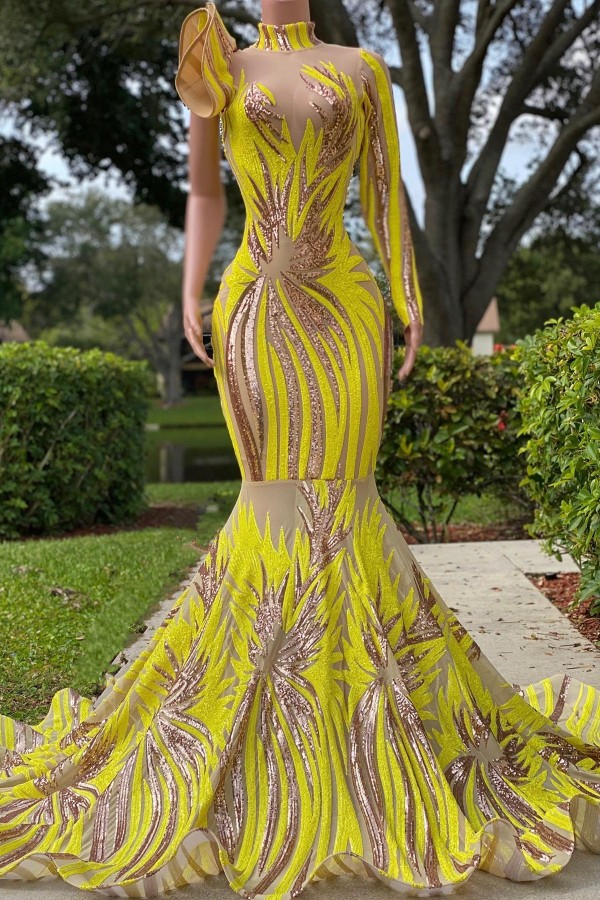 Bmbridal Yellow Long Sleeves Prom Dress Mermaid Sequins Online-BMbridal