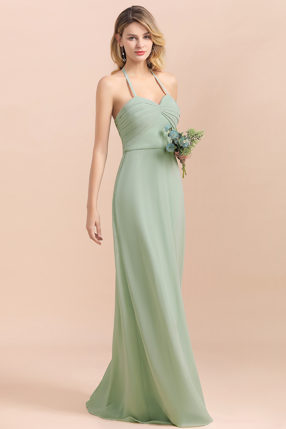 BMbridal Affordable Halter Sweetheart Chiffon Dusty Sage Bridesmaid Dresses-BMbridal
