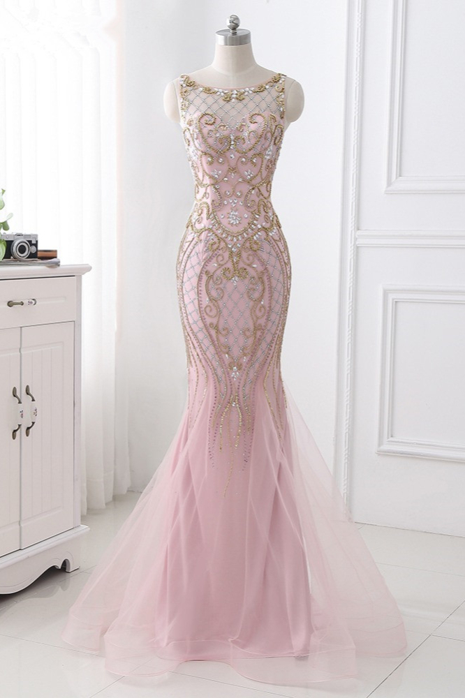 BMbridal Gorgeous Jewel Pink Tulle Prom Dresses Mermaid Rhinestones Appliques Formal Dresses On Sale
