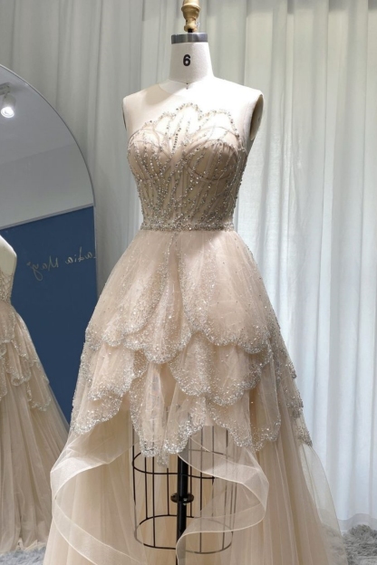 Bmbridal A-Line Hi-Lo Sleeveless Strapless Elegant Tulle Prom Dresses with Lace