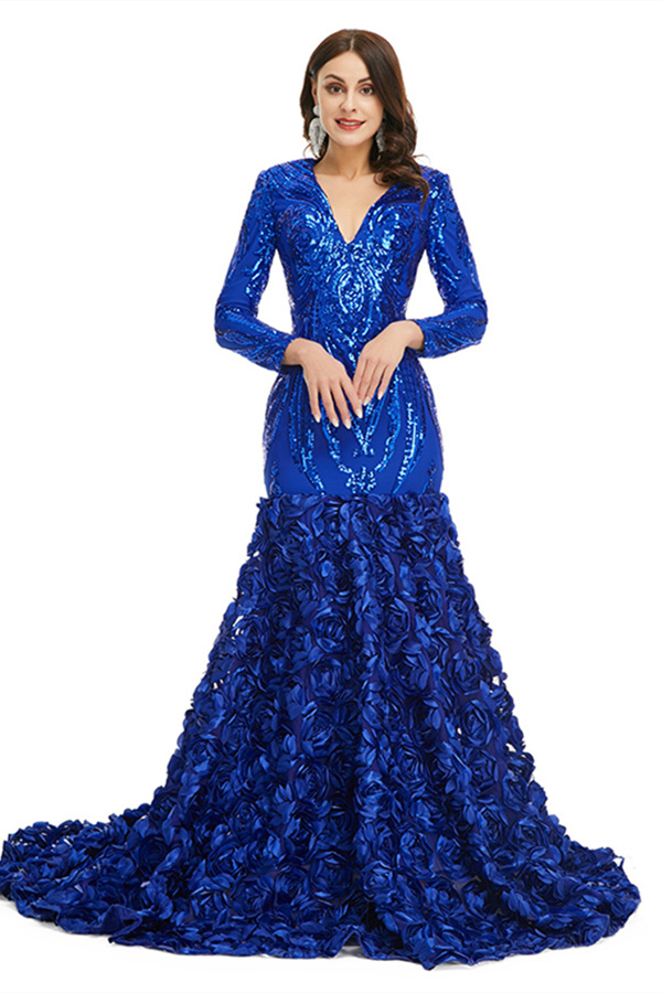 Bmbridal Long Sleeves V-Neck Prom Dress Mermaid Sequins With Flowers Bottom