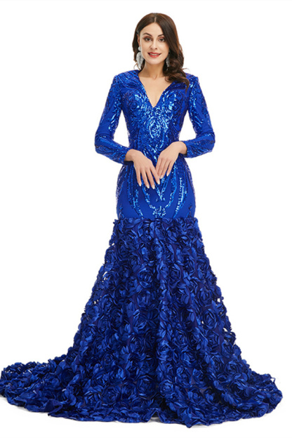 Bmbridal Long Sleeves V-Neck Prom Dress Mermaid Sequins With Flowers Bottom