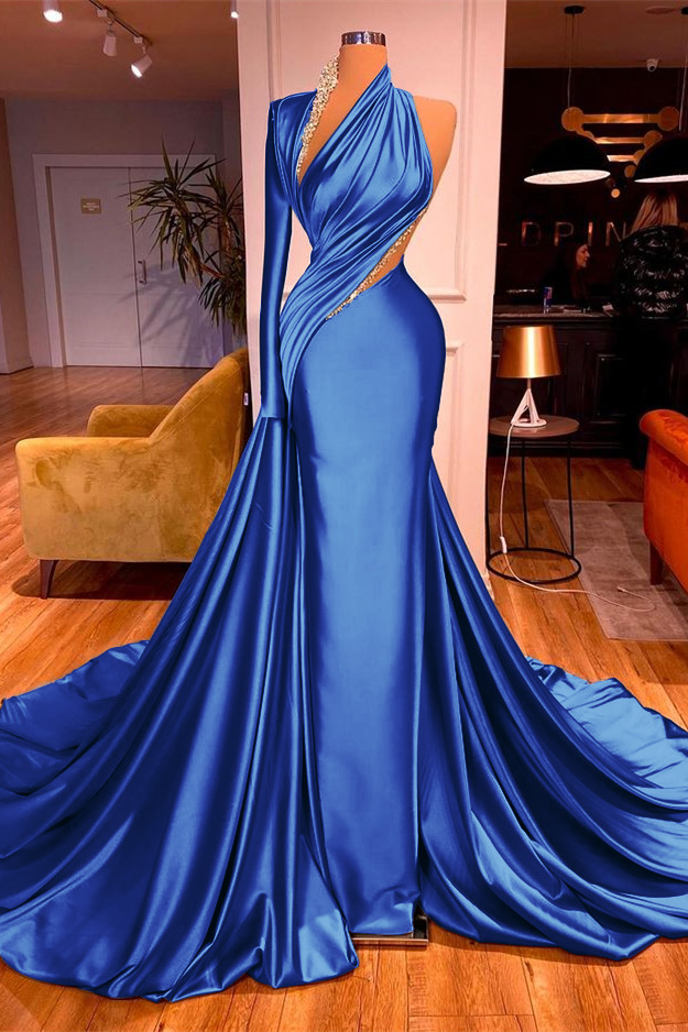 One Shoulder Long Beading Prom Dress Mermaid With Long Sleeve