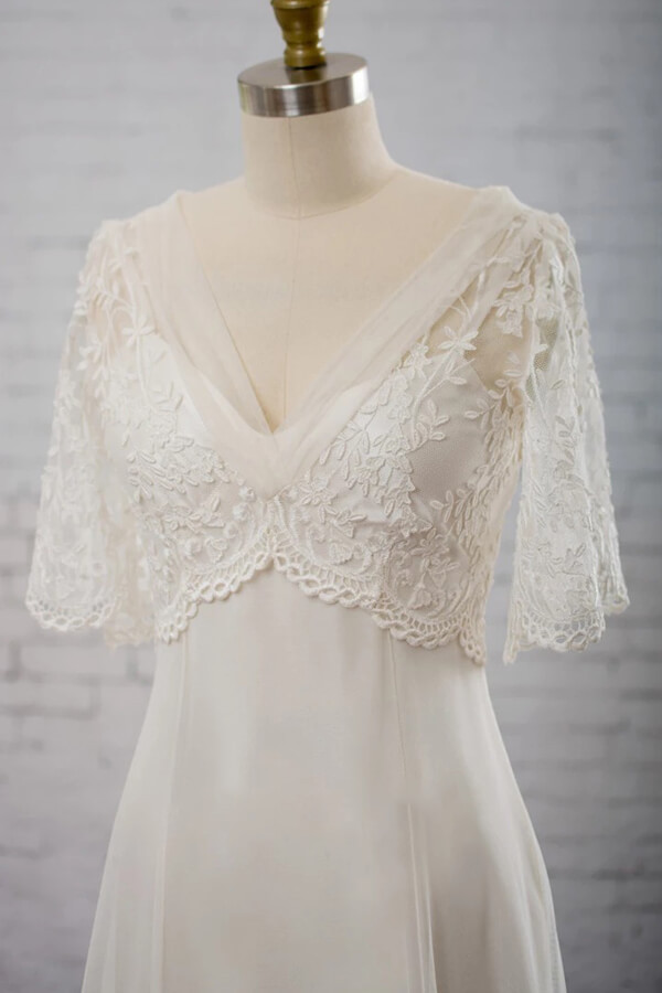 BMbridal Elegant Empire V-neck Tulle Wedding Dress A-line Appliques Short Sleeves Bridal Gowns On Sale-BMbridal