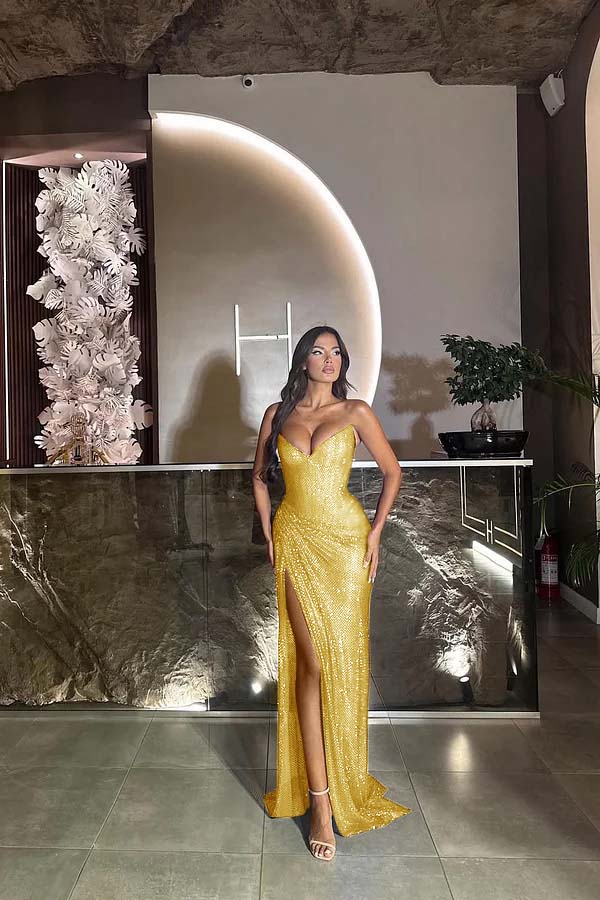 Sequin Strapless Sleeveless Long Split Prom Dress With Pleated