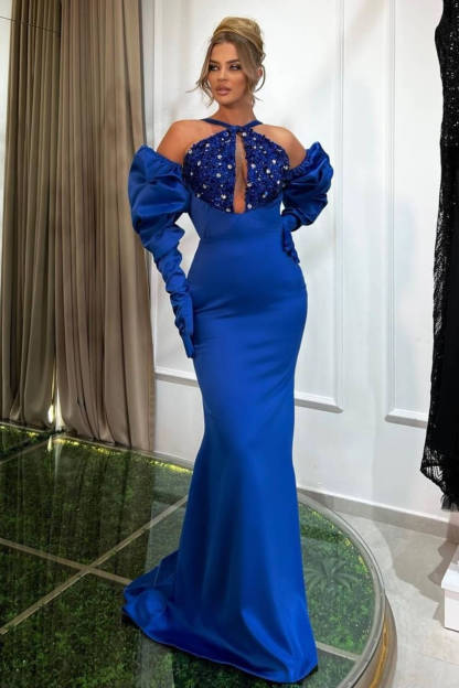 Elegant Mermaid Halter Long Sleeve Rhinestone Satin Blue Prom Dresses
